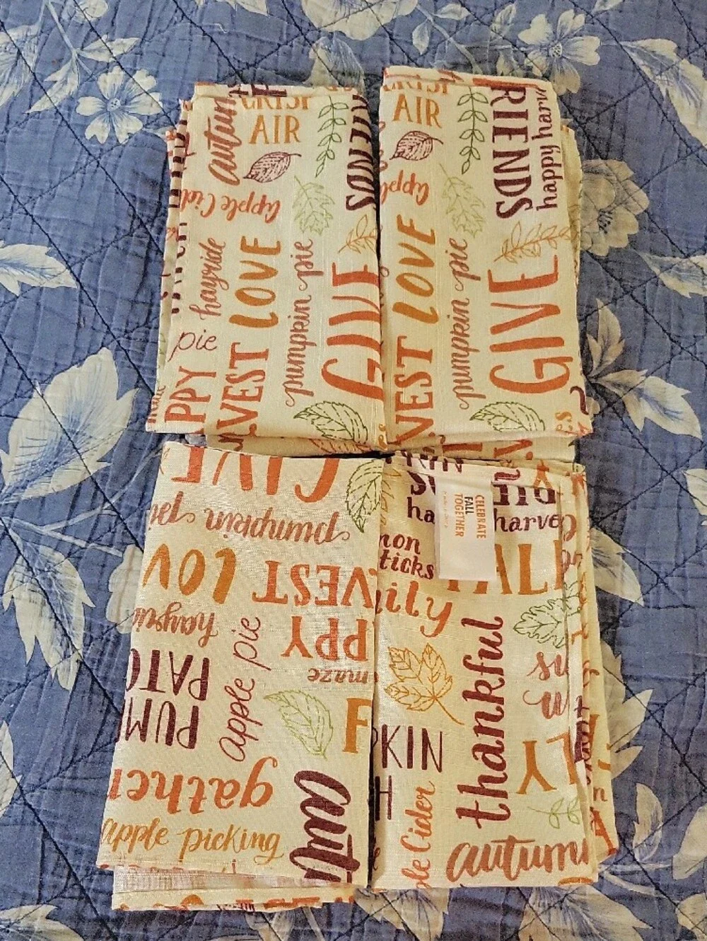 Autumn Fall Thankful Fabric Napkins Set of 4 - Orange, Brown, Green